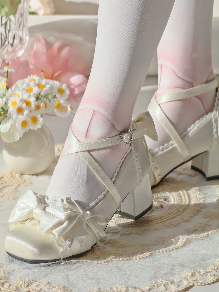 Mid-heel Toe Satin - Square Elegant Janes Accents Mary Bow Champagne Lolita