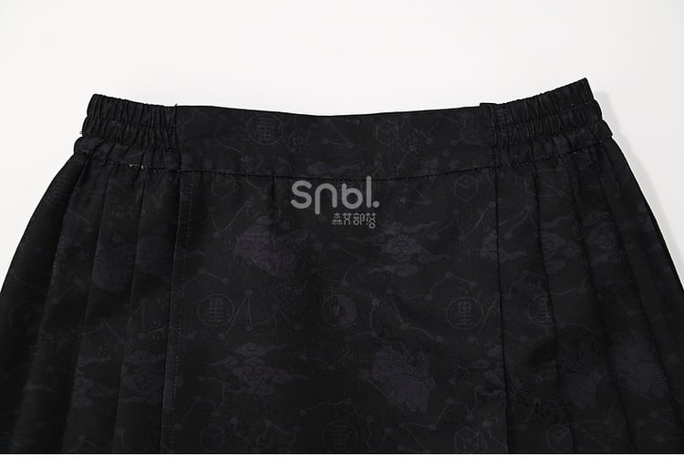Black Moon Rabbit Cheongsam Style Pleated Midi Skirt