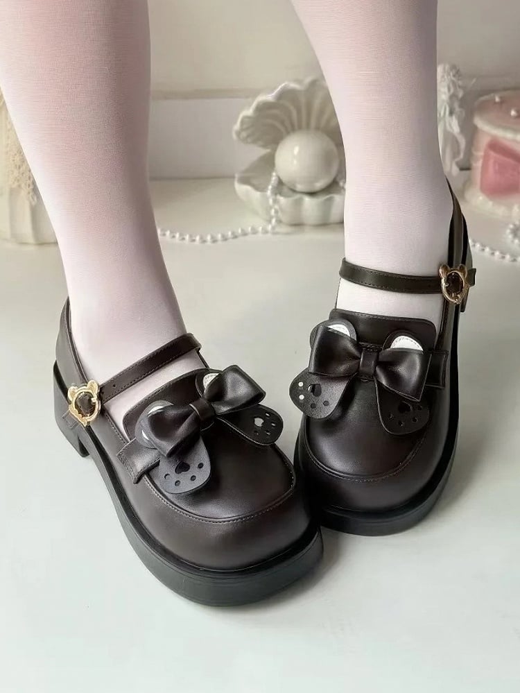 in Style Bear-shaped PU Preppy Bear and Ear Fastener Matte Shoes Removable Bow Brown Mid-heel Leather