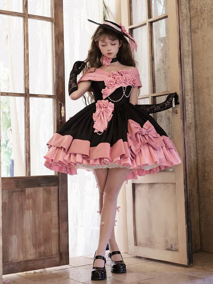 Pink Black Off-Shoulder Boned Lolita Gown - Treasure Box Factory
