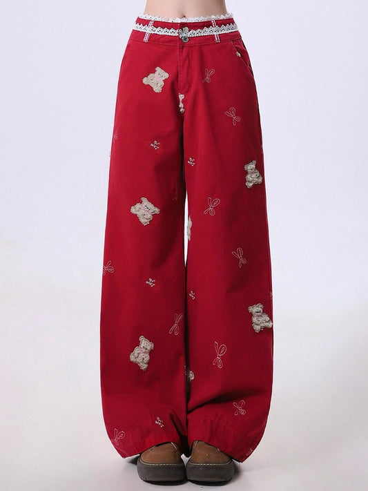Red Fleece Lace Trim Waist Wide-Leg Jeans with Playful Bear Embroidery