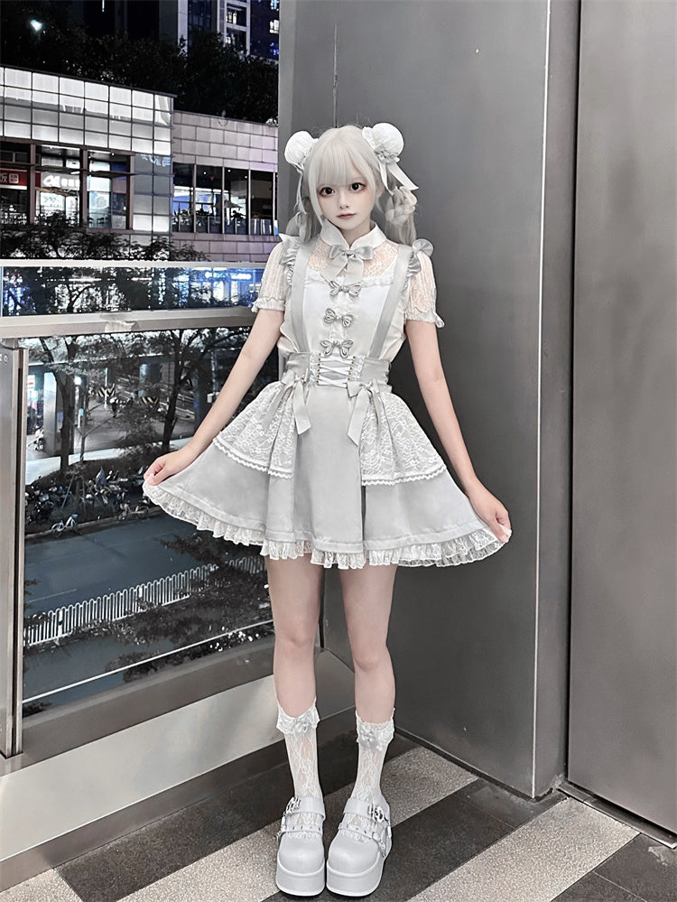 Ruffled Lace Trim Flutter Sleeves Kei Embellished Gray Bowknots Jirai Overalls