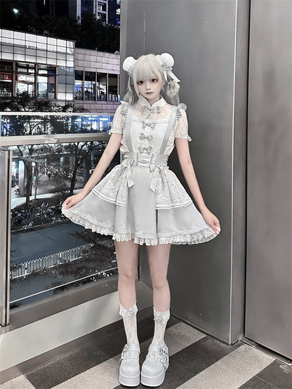 Ruffled Lace Trim Flutter Sleeves Kei Embellished Gray Bowknots Jirai Overalls