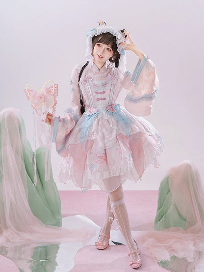 Long with Print Golden Blue Lolita and Sleeves Fish Pink Dress Floral Han