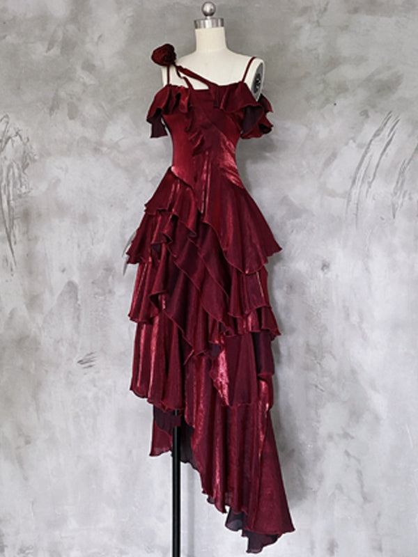 Evening Gown Red Shimmer Flounce Spaghetti Strap Prom - Eas Candy