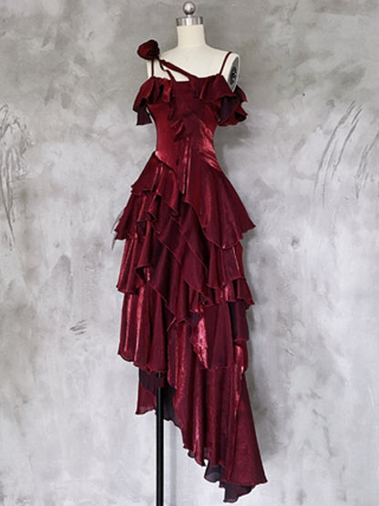 Evening Gown Red Shimmer Flounce Spaghetti Strap Prom - Eas Candy