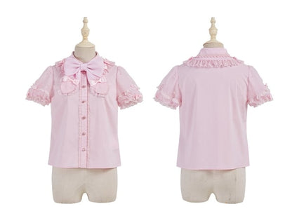 ピンクの取り外し可能な蝶結びネックラインビーズショートパフスリーブブラウス