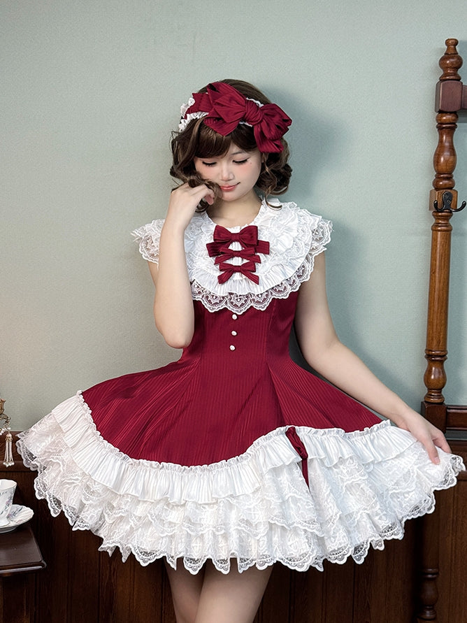 Slim Waist Dress Neck Sleeveless Lolita Ruffle Layered Sweet Fit Striped Fabric Red