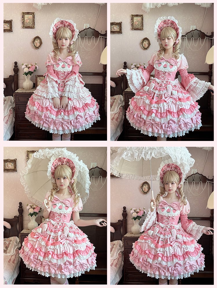 Trim Accents Lace Lolita Strawberry Bonnet Sweet Pink Bow