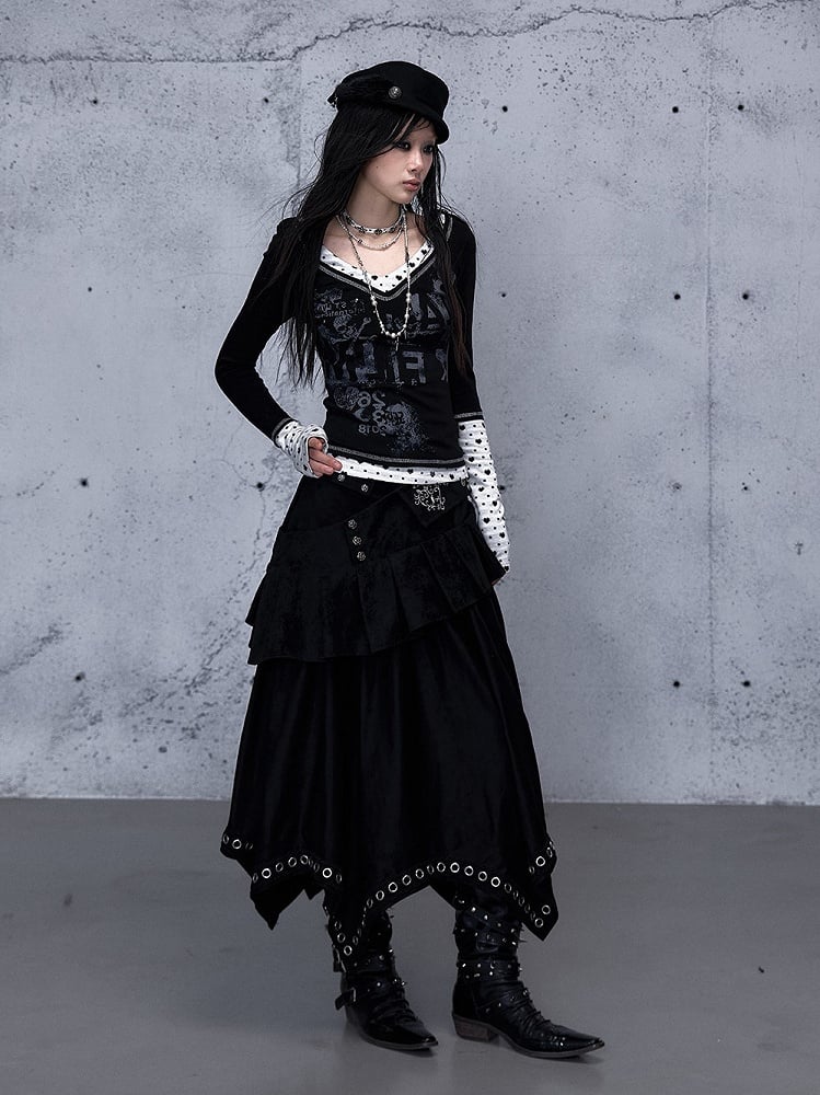 Black Asymmetrical Zipper Side Stud Skirt with 2-Way Grommet Rock Punk Accents Closure Tiered