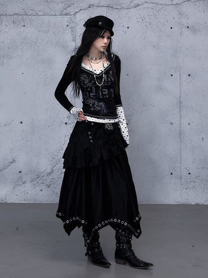 Black Asymmetrical Zipper Side Stud Skirt with 2-Way Grommet Rock Punk Accents Closure Tiered
