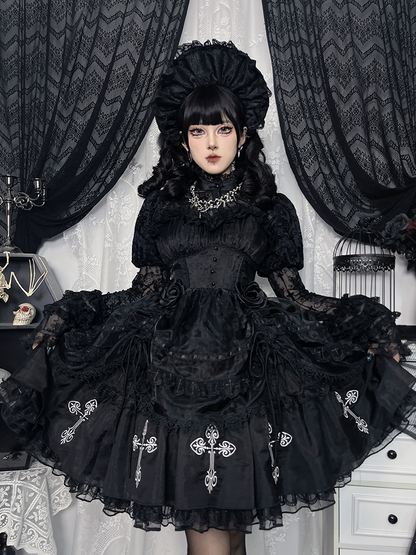 Kuro Black Cross Print Lace Trim Gothic Lolita Puffy Dress Jumper Skirt