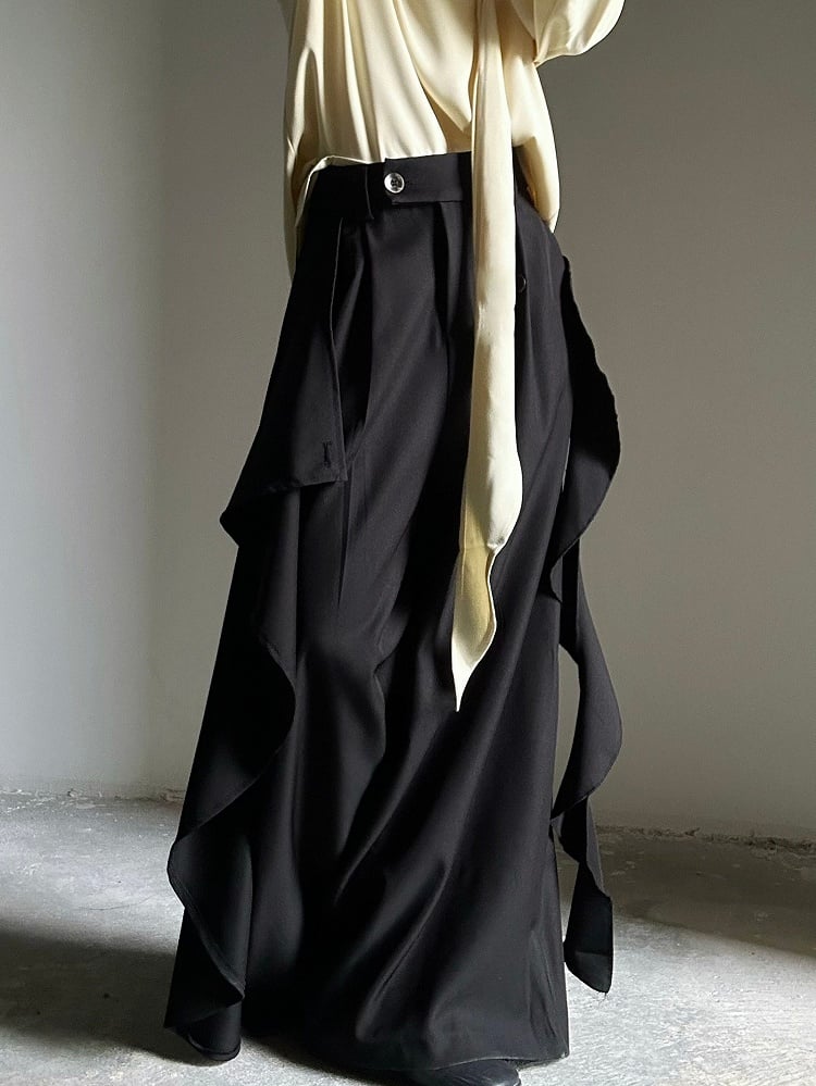 Accents with Zip Black Pants Ruffle Wide-leg Closure Ouji and - Cascading Button