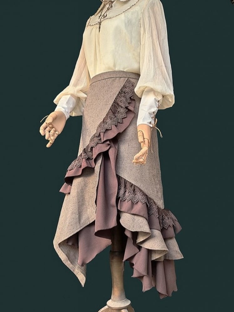 Lolita Steampunk Asymmetrical Trim Skirt with Lace Coffee Ruffled