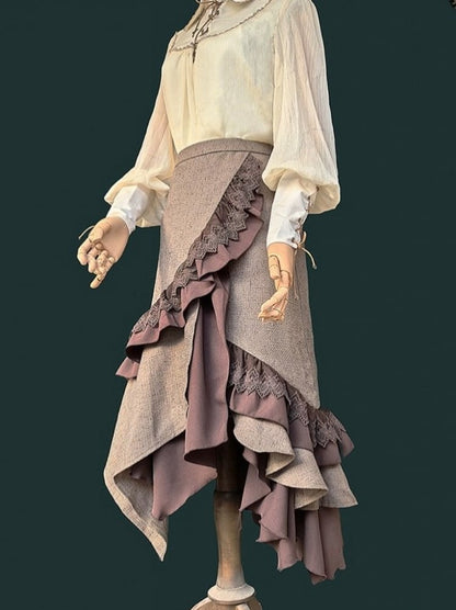 Lolita Steampunk Asymmetrical Trim Skirt with Lace Coffee Ruffled