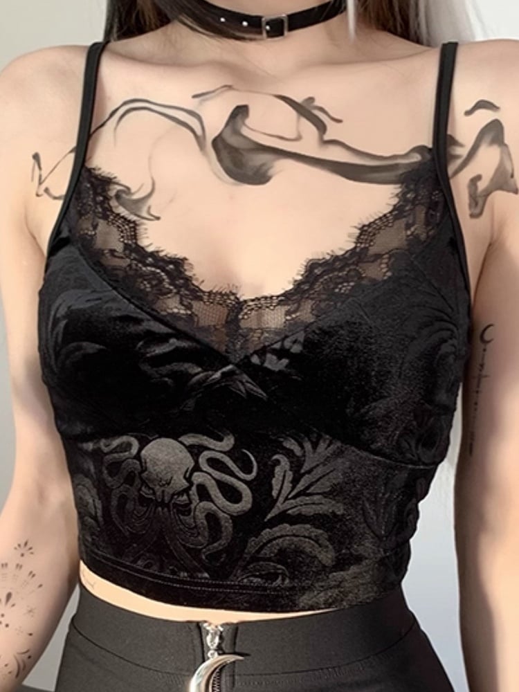 Black Flocked Top Trim with Halloween Lace Gothic Cami Neckline