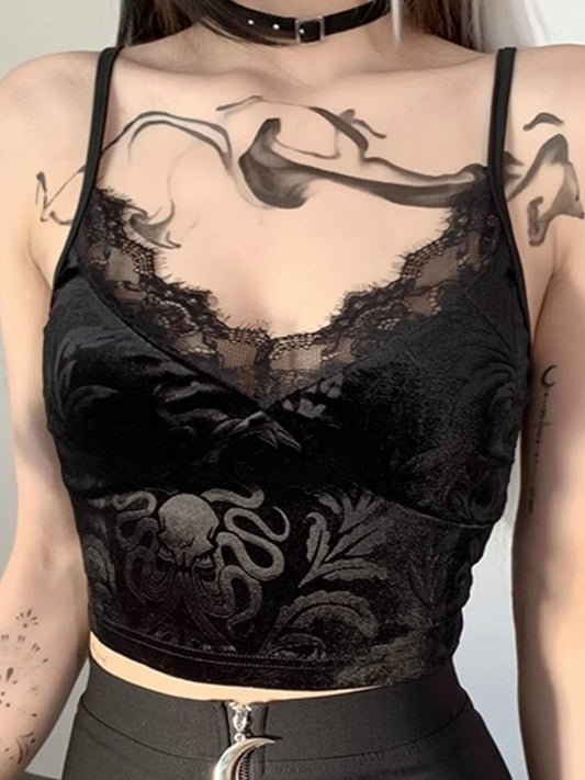 Black Flocked Top Trim with Halloween Lace Gothic Cami Neckline