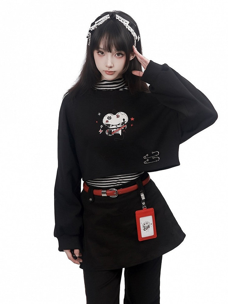 Crew Neck Cropped Sweatshirt in Black with Cartoon Mouse Print and Safety Pin Detail - PINK SAVIOR
