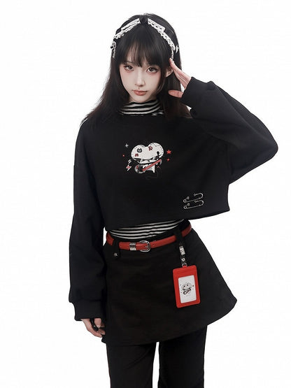 Crew Neck Cropped Sweatshirt in Black with Cartoon Mouse Print and Safety Pin Detail - PINK SAVIOR