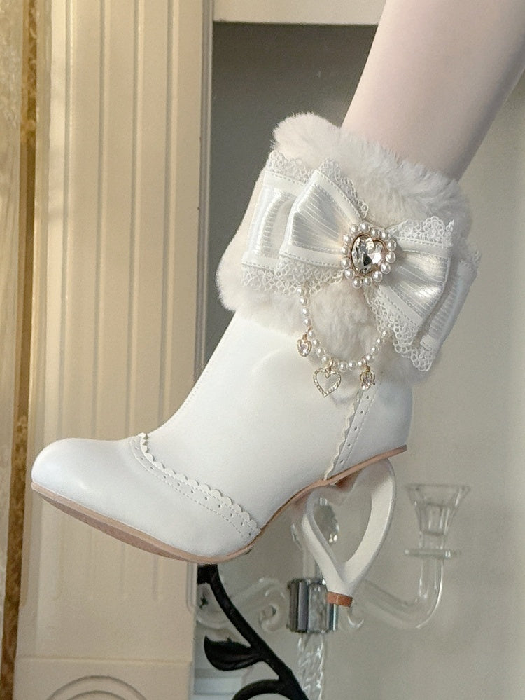 Rhinestone Cuff Bow Decor Boots - Heel and Sweet Beads Heart Off-white Winter Lolita Plush Design