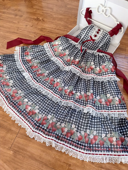 Strawberry Print Black Lolita Gingham Dress Sweet Summer Lolita Jumper Skirt