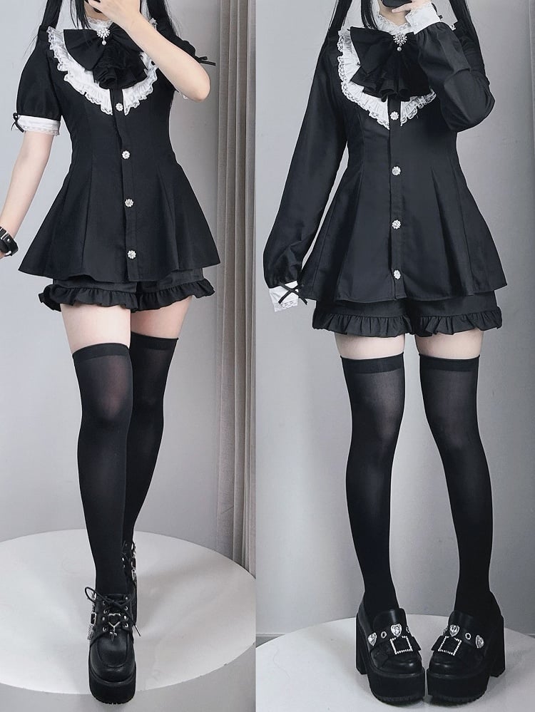Short Big Jirai Kei Black Detachable Set Sleeves Mini and Jabot Collar Bow Dress+Shorts