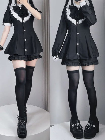 Short Big Jirai Kei Black Detachable Set Sleeves Mini and Jabot Collar Bow Dress+Shorts