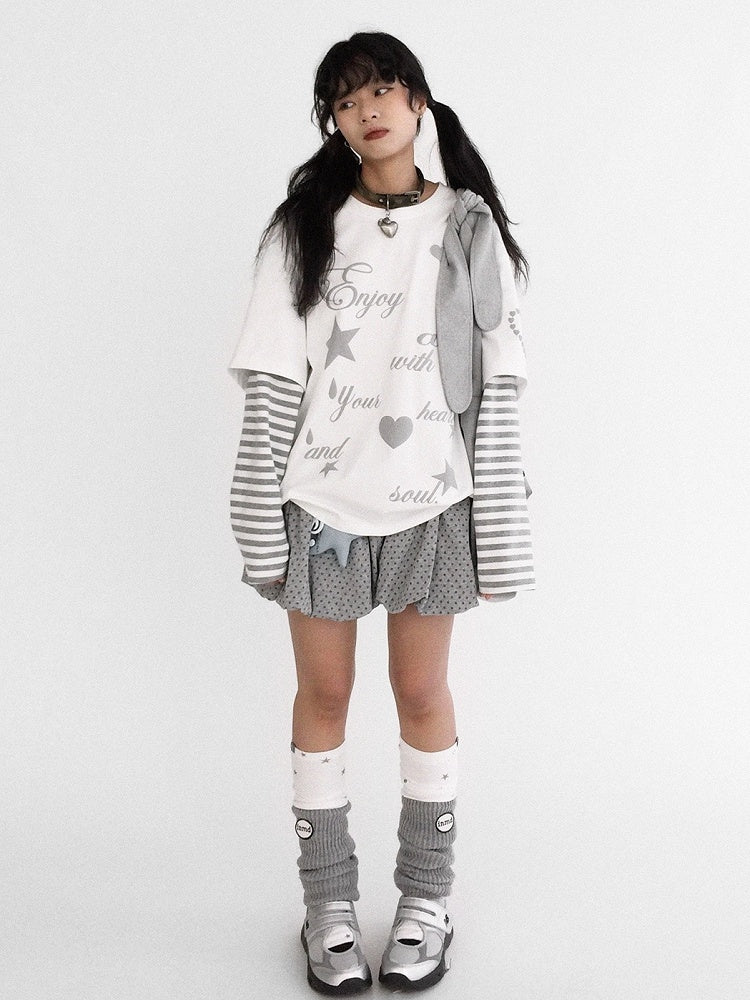 Round Grey Neck White Two-piece Sleeve - Top Long