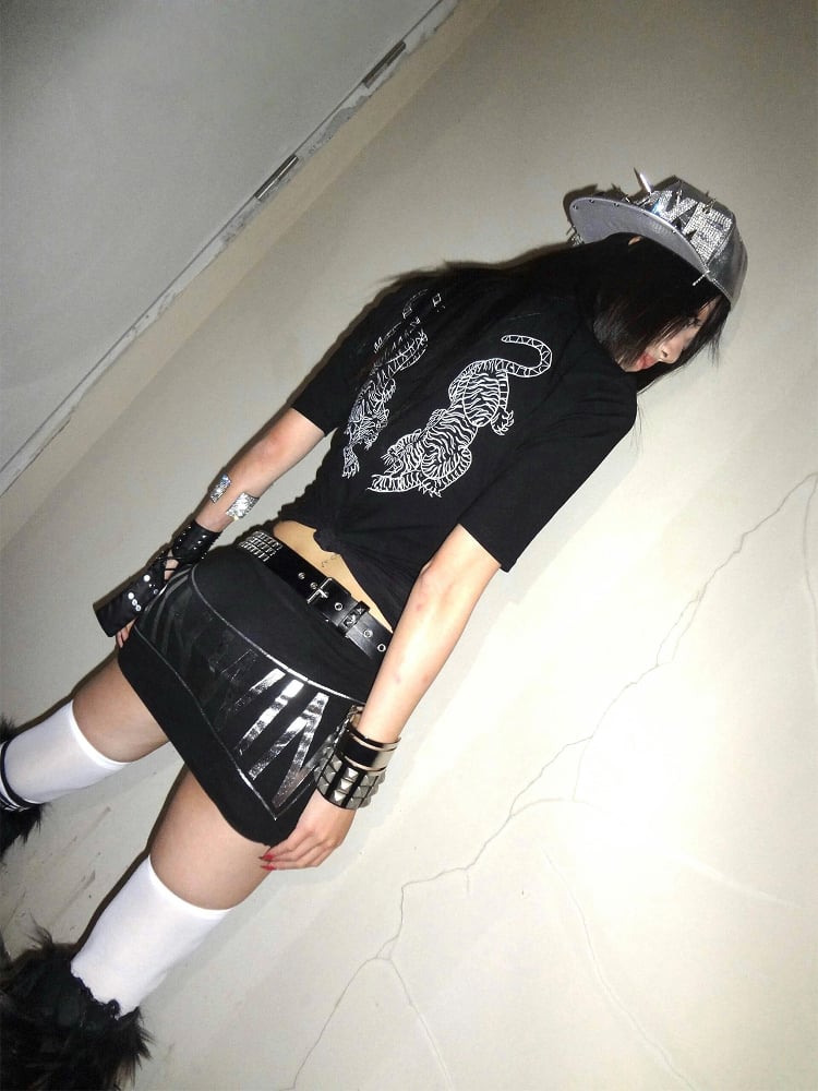 Letter Black Slim-fitting T-Shirt Print with