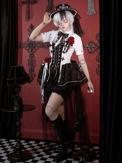 Ouji Accessories Lolita Hat Full + Rose Set Waistcoat Gothic Short Sleeves Aristocrat Shorts Shirt Bloomer