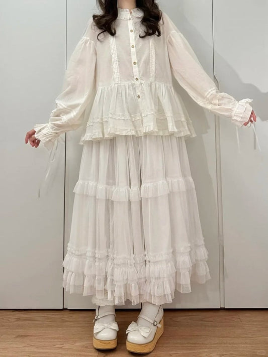 White Lolita Multi-Layer Skirt Ruffled Elegant Tulle Hem Loose