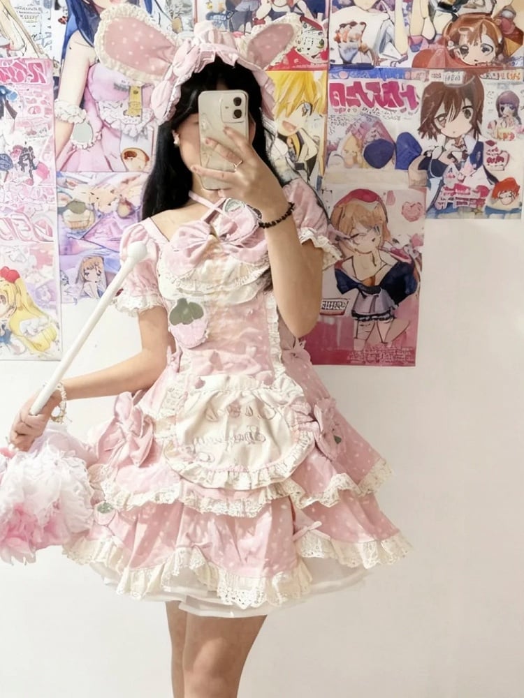 Polka Dress Bow with Details Sweet OP Strawberry and Dot Themed Pink Light Lace Lolita