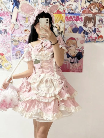 Dress Hairband Sweet Bow Lace Polka OP Themed Strawberry Full Bunny with Choker Details Bonnet + Set Dot Light and Pink Lolita Ear
