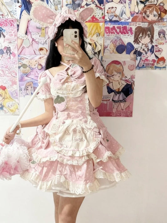 Dress Hairband Sweet Bow Lace Polka OP Themed Strawberry Full Bunny with Choker Details Bonnet + Set Dot Light and Pink Lolita Ear