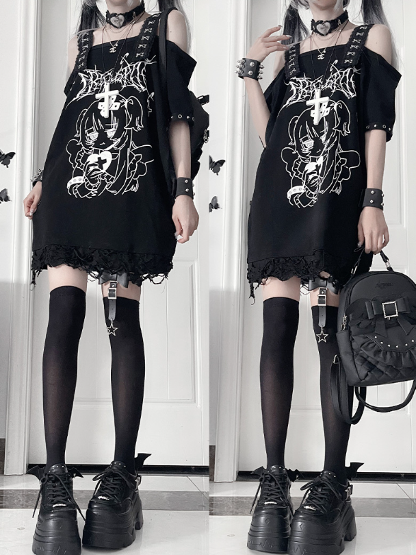 Print Gothic Black Off-Shoulder Subculture Cross-Buckle StrapsAnime Topwith Girl