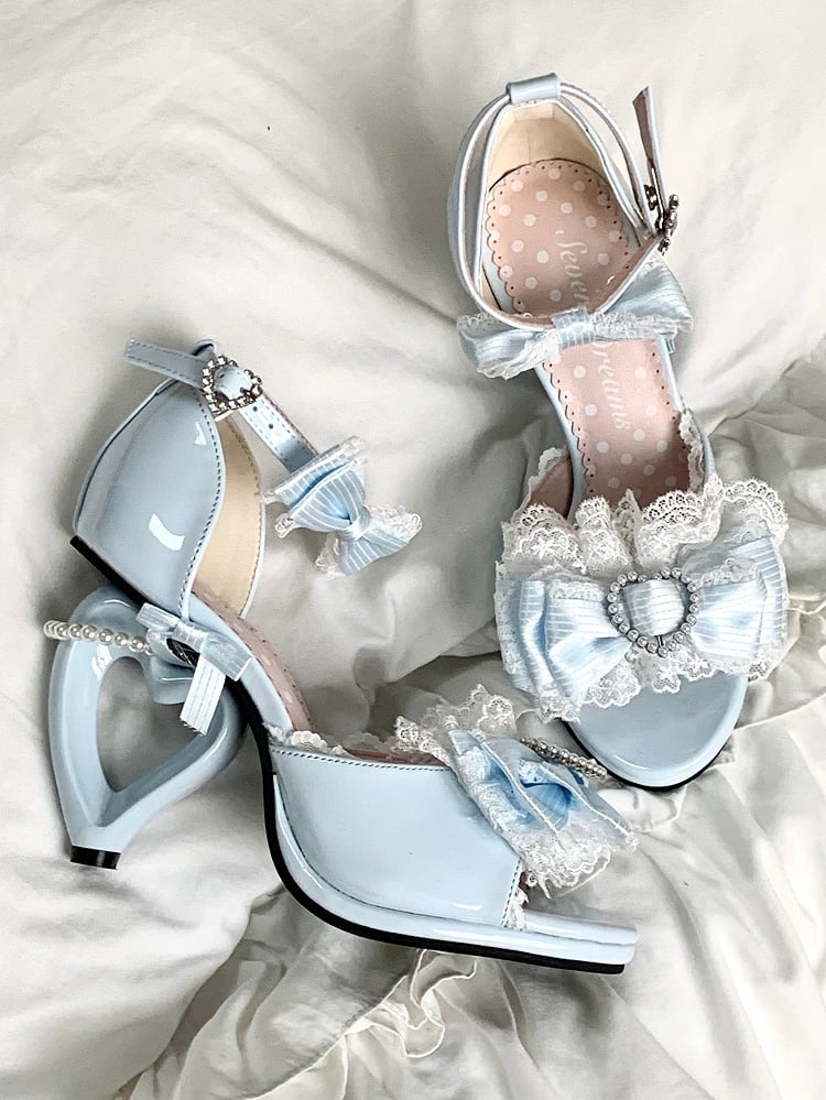 - Leather Hime-Kei Heels Beads Details High PU Blue