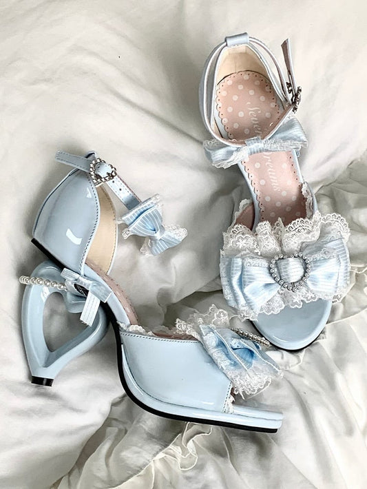 - Leather Hime-Kei Heels Beads Details High PU Blue