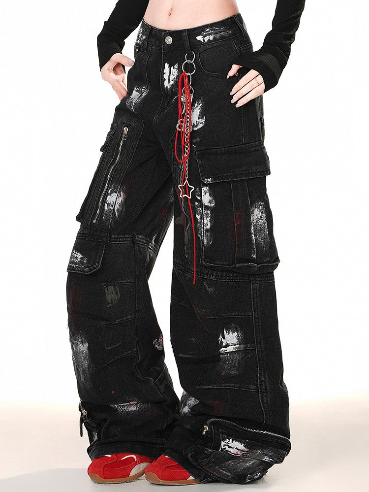 Cut Zipper Schwarz mit Wide-Leg Cargo Jeans Spray Paint Print Design