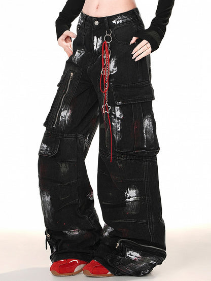 Cut Zipper Schwarz mit Wide-Leg Cargo Jeans Spray Paint Print Design