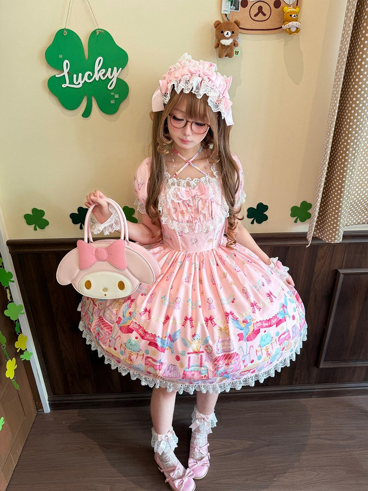 Pink Puff Sleeve Halter Lolita OP Full Set with Dessert and Bird Print, Hairband, Baby Hat, Wrist Cuffs and Bow Hair Clip - Good Night Meow