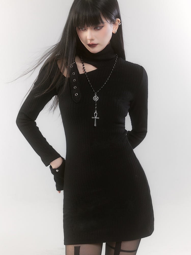 Black High Neck Cutout Shoulder Buckle Strap Thigh-length Knitted Dress