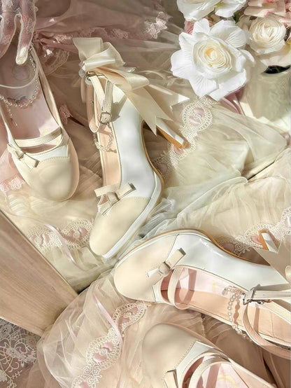 Beaded and Shoes Lolita PU Back Leather Lace with Chain Detachable High-heel Bow Elegant - Apricot Trim White
