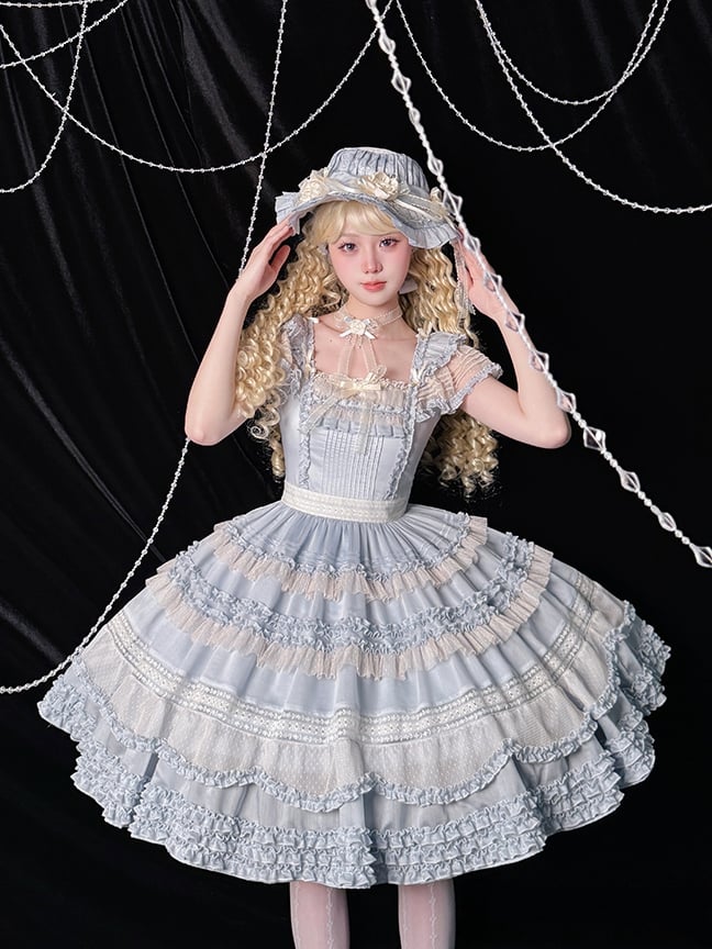 エレガントなトリムプリーツフリルクラシックロリータドレスブルーの詳細と