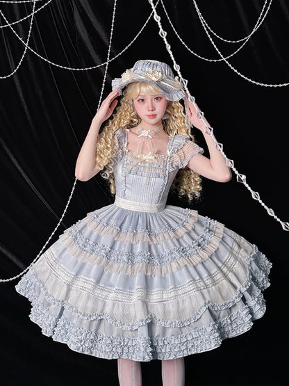 エレガントなトリムプリーツフリルクラシックロリータドレスブルーの詳細と