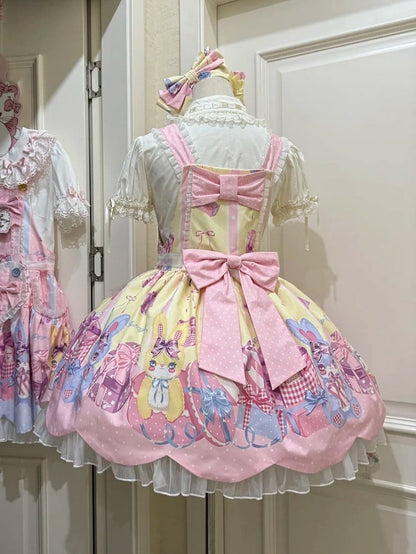 Dress Gift Sweet Yellow Box Print Overall Bunny and Lolita
