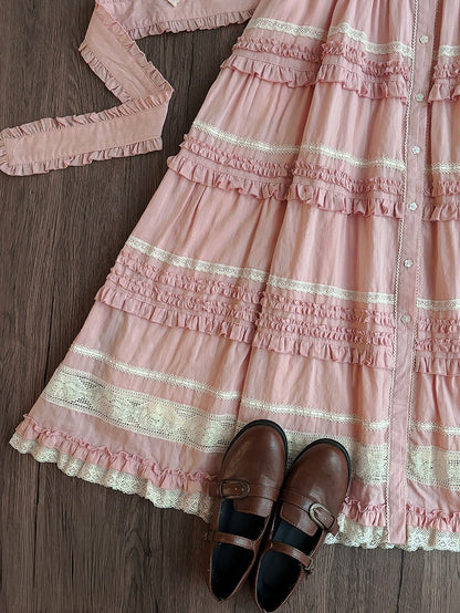 Pink Layered Ruffles Elegant Dress with Front Buttons - Miss Point