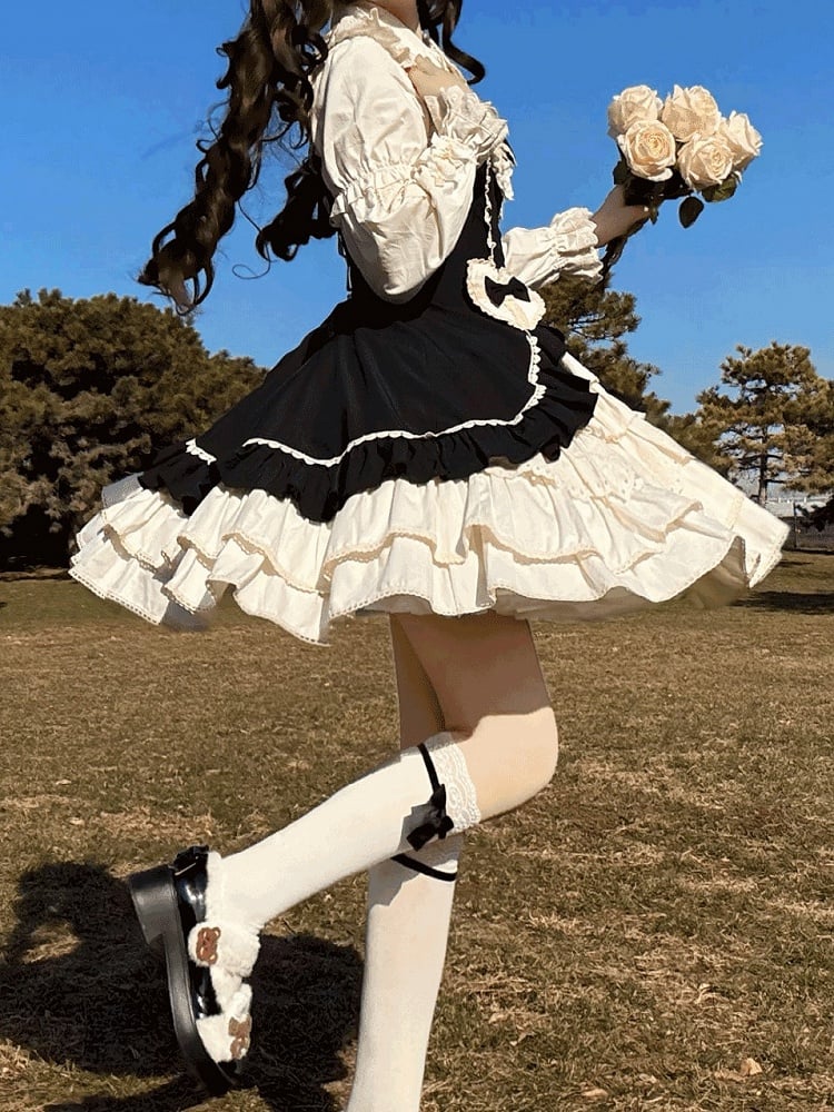 Beige Lace JSK Embellished Heart Sweet and Dress Black Ruffles with Bow Lolita Patch