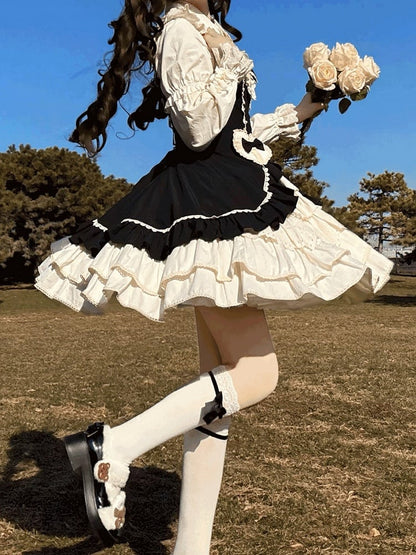 Beige Lace JSK Embellished Heart Sweet and Dress Black Ruffles with Bow Lolita Patch