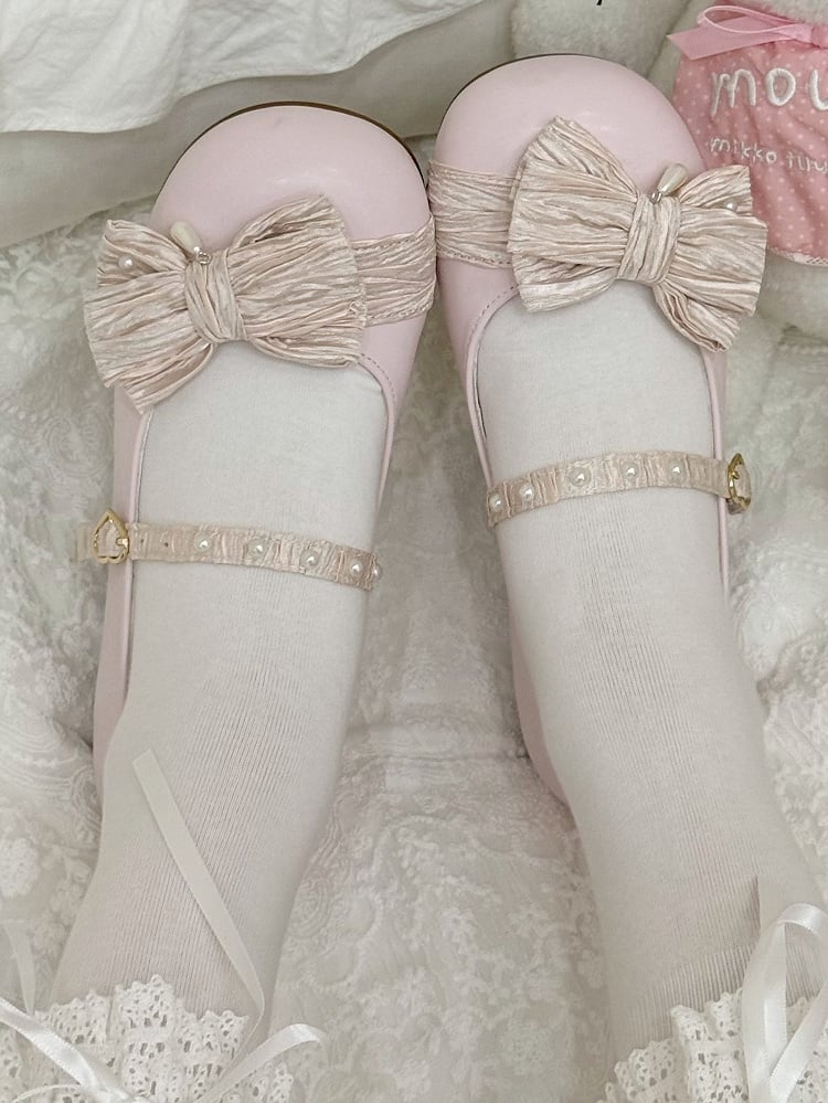 Pink Round Decorated Shoes Strawberry Top at Toe Buckle Bow Heart Lolita Beaded