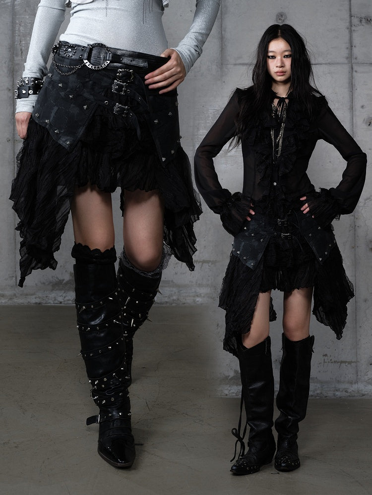 mit Saum PU Asymmetrischer Flair Rock Schwarz Nieten Punk Edgy Spitze Patchwork